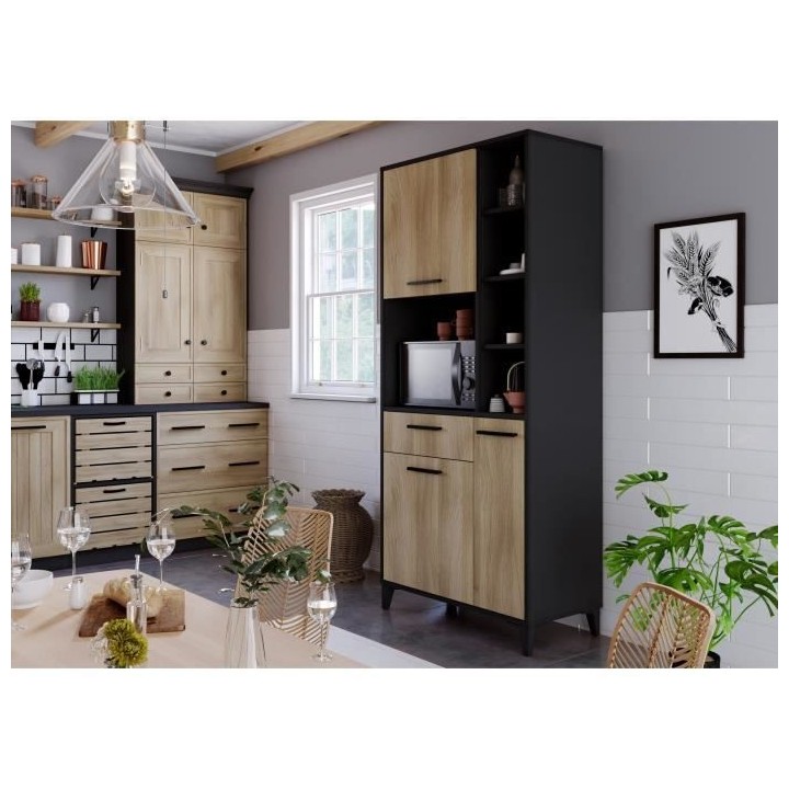 Buffet haut de cuisine ECO - 3 portes et 1 tiroir - Mélamine chene et