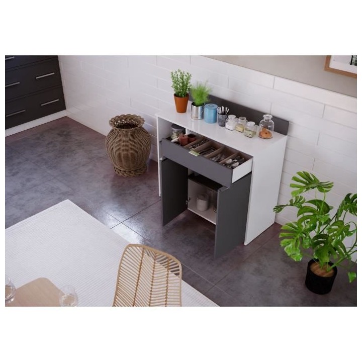 Buffet Cuisine - 2 portes + 1 tiroir - Mélaminé blanc et gris - L 10