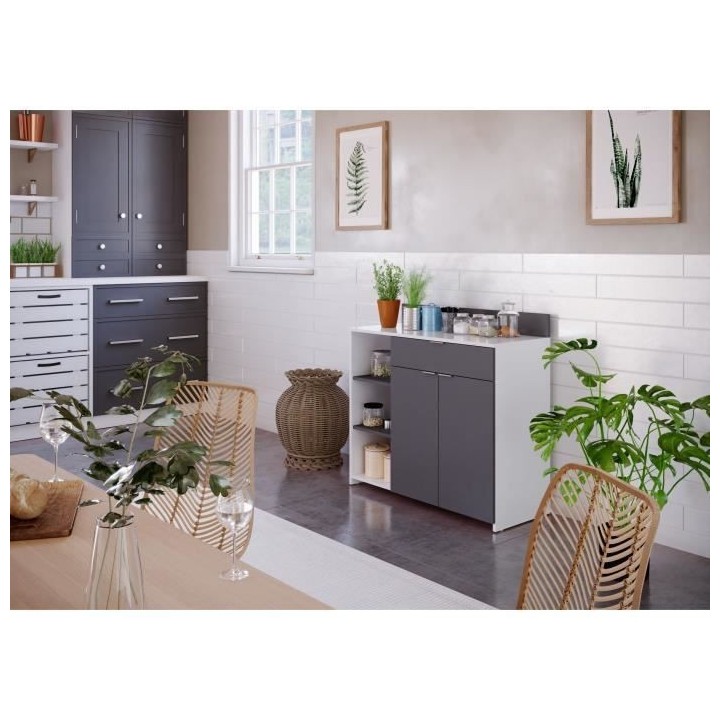 Buffet Cuisine - 2 portes + 1 tiroir - Mélaminé blanc et gris - L 10