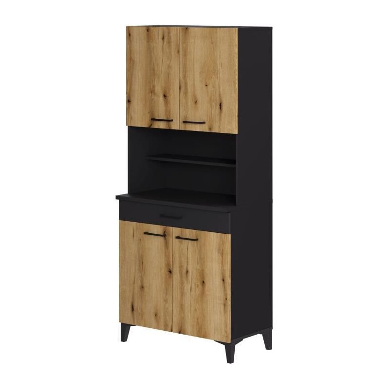 Buffet haut de cuisine SPIRIT - 4 portes et 1 tiroir - Mélamine chene et noir - L 80 x P 43 x H 183 cm