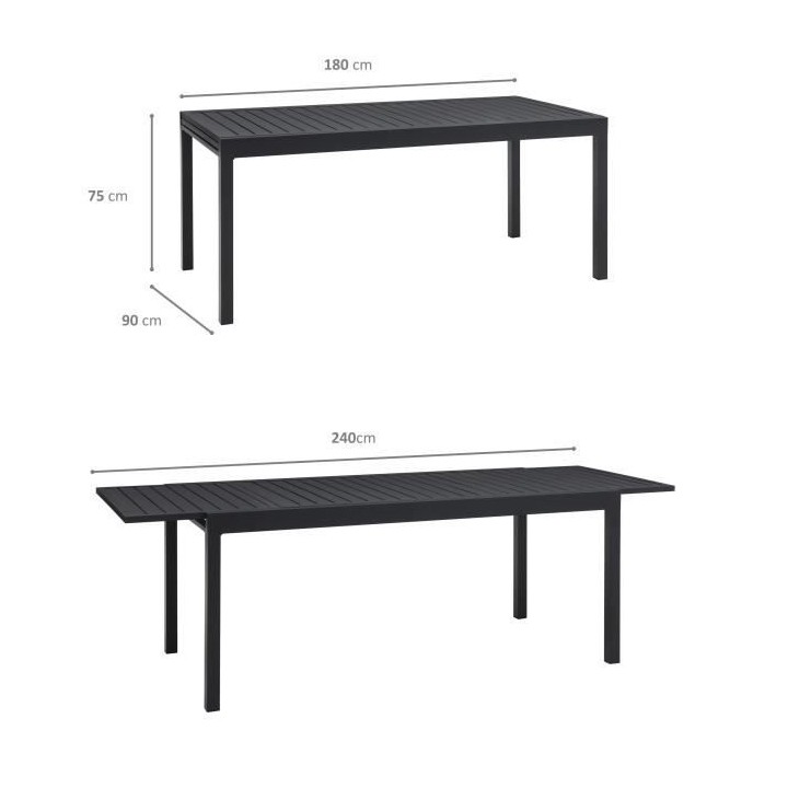 Table extensible 6 a 10 personnes - 180/240 x 90 x H75cm - Aluminium -