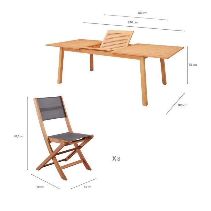 Ensemble repas de jardin 6 a 8 personnes - Table extensible 180/240 x