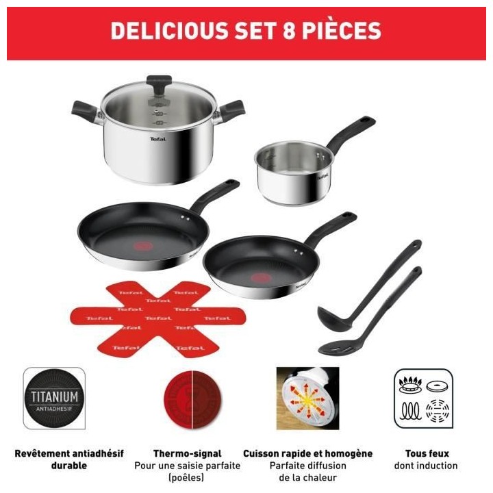 TEFAL B818S804 Delicious Batterie de cuisine inox 8 pieces Casserole,