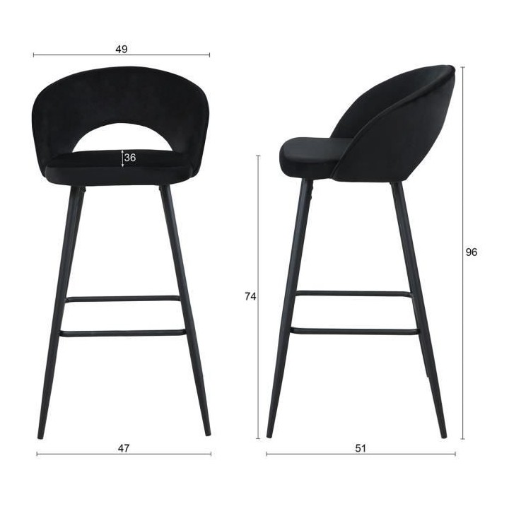 Lot de 2 tabourets de bar - Métal& Tissu en velours - 44X52X97cms - N