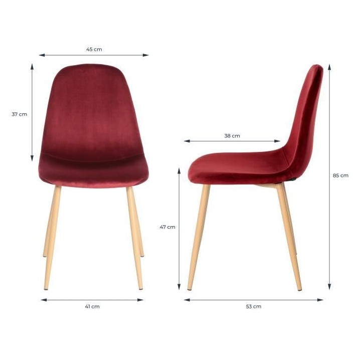 Lot de 4 chaises - Velours rouge - L 45 x P 53 x H 85 cm - CLODY