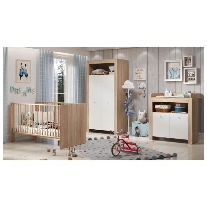 Chambre bébé trio PIA - Lit 70x140 cm + Commode a langer 2 portes +