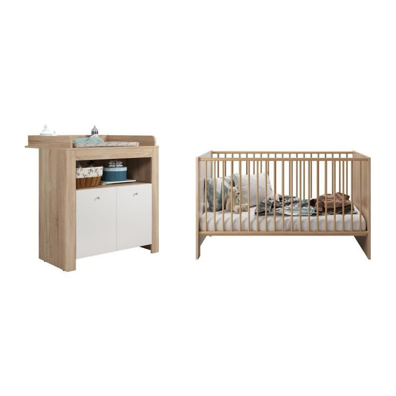 Chambre bébé duo PIA - Lit 70x140 cm + Commode a langer 2 portes - Décor chene sonoma et blanc mat - TRENDTEAM