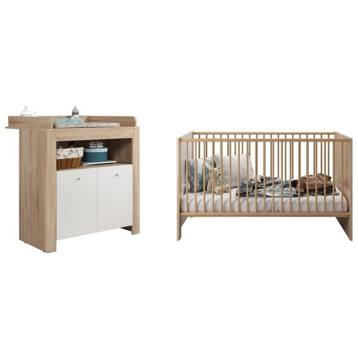 Chambre bébé duo PIA - Lit 70x140 cm + Commode a langer 2 portes - D
