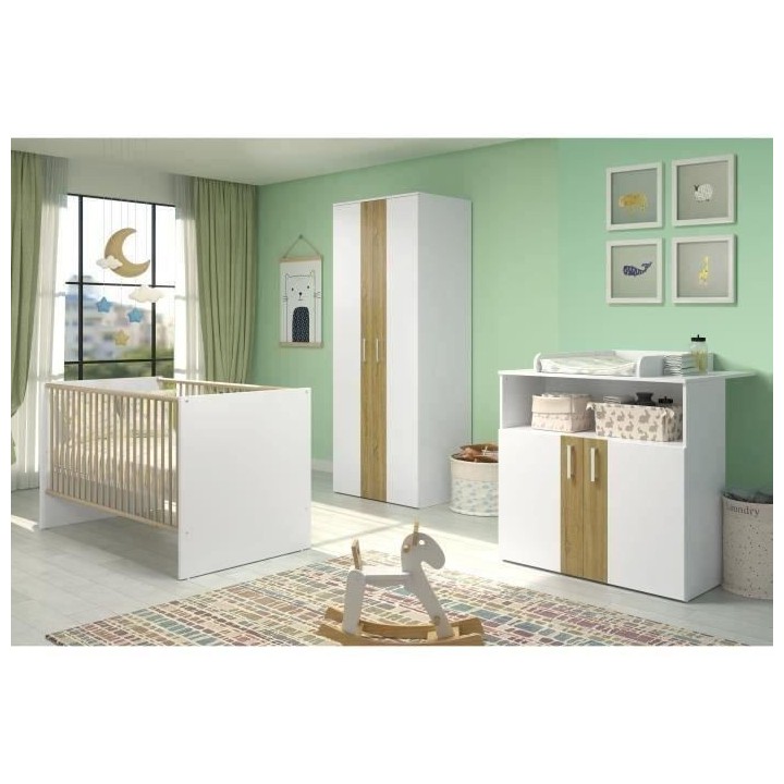 Chambre bébé Trio : Lit 70 x 140 cm + Commode a langer + Armoire 2 p