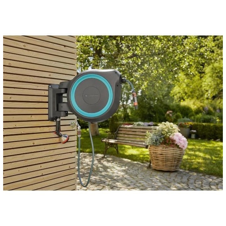 GARDENA Dévidoir automatique mural RollUp L liseret bleu – Longueur