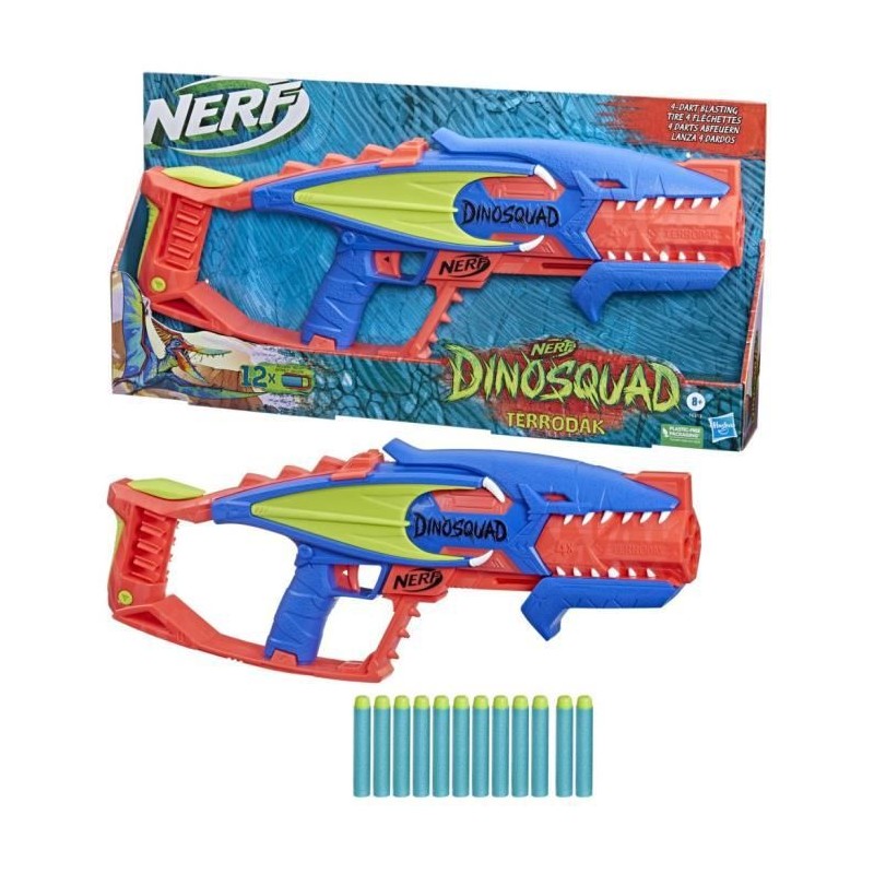 Nerf DinoSquad Terrodak, jeu d'extérieur pour enfants, 12 fléchettes Nerf Elite, blaster Nerf en forme de dinosaure