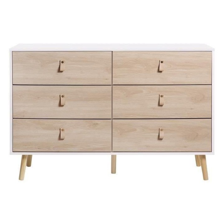 Commode 6 tiroirs - Chene et blanc - L 120 x P 40 x H 80 cm - KENT