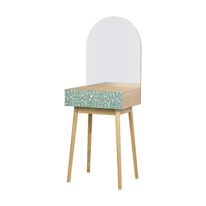 Coiffeuse 1 tiroir 1 miroir - Décor chene et vert - Pieds en bois mas