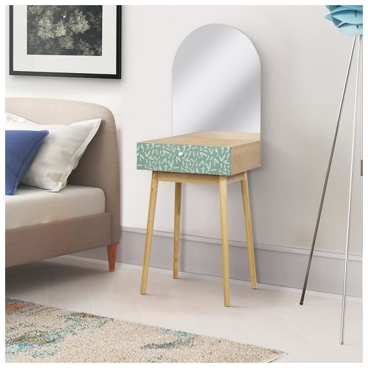 Coiffeuse 1 tiroir 1 miroir - Décor chene et vert - Pieds en bois mas