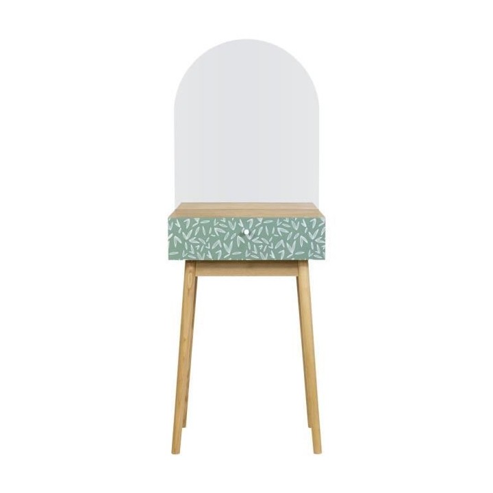 Coiffeuse 1 tiroir 1 miroir - Décor chene et vert - Pieds en bois mas