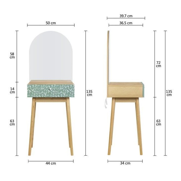 Coiffeuse 1 tiroir 1 miroir - Décor chene et vert - Pieds en bois mas