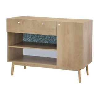 Meuble de rangement 1 portes 1 tiroir - Décor chene et vert - Pieds e