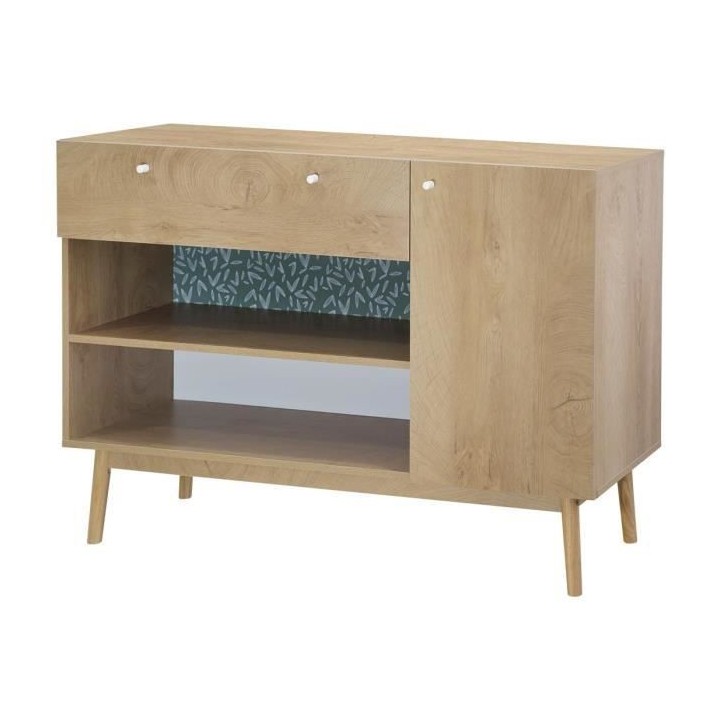 Meuble de rangement 1 portes 1 tiroir - Décor chene et vert - Pieds e