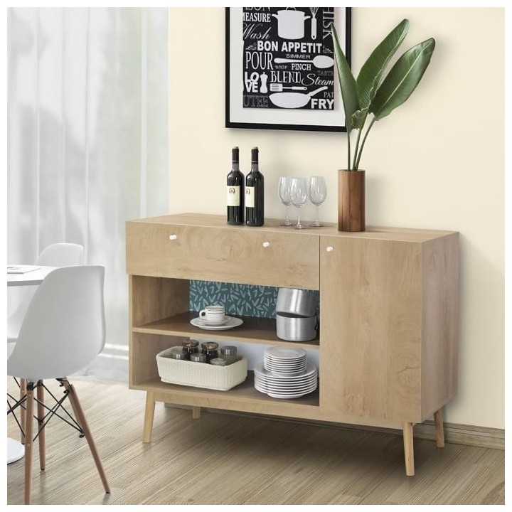 Meuble de rangement 1 portes 1 tiroir - Décor chene et vert - Pieds e