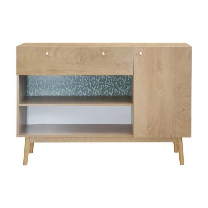 Meuble de rangement 1 portes 1 tiroir - Décor chene et vert - Pieds e