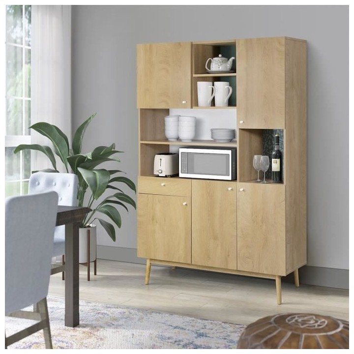 Meuble de rangement 5 portes 1 tiroir - Décor chene et vert - Pieds e