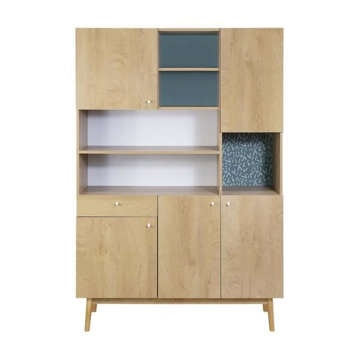 Meuble de rangement 5 portes 1 tiroir - Décor chene et vert - Pieds e
