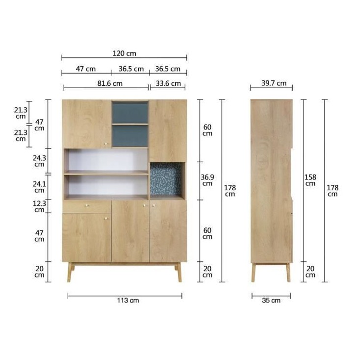 Meuble de rangement 5 portes 1 tiroir - Décor chene et vert - Pieds e