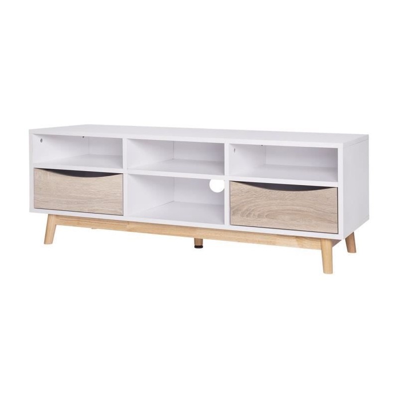 MARS Meuble TV - Style scandinave - Blanc / chene - L 116 x P 40 x H 42 cm