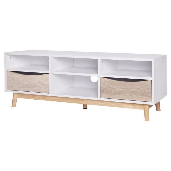MARS Meuble TV - Style scandinave - Blanc / chene - L 116 x P 40 x H 4