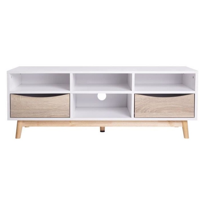 MARS Meuble TV - Style scandinave - Blanc / chene - L 116 x P 40 x H 4