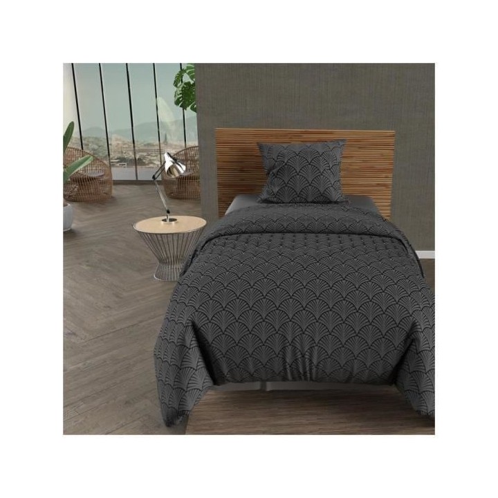 Parure housse de couette PAON - 140 x 200 cm - Microfibre - Gris - SOL