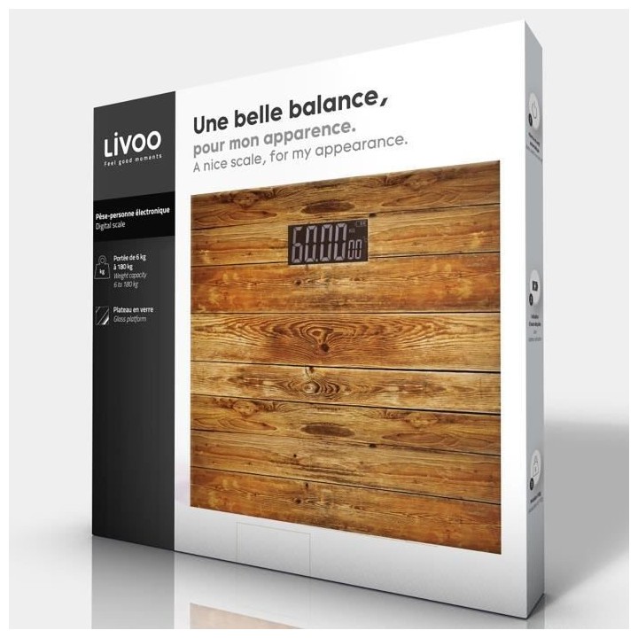 LIVOO DOM382BO - Pese-personne électronique - Impression bois - Plate
