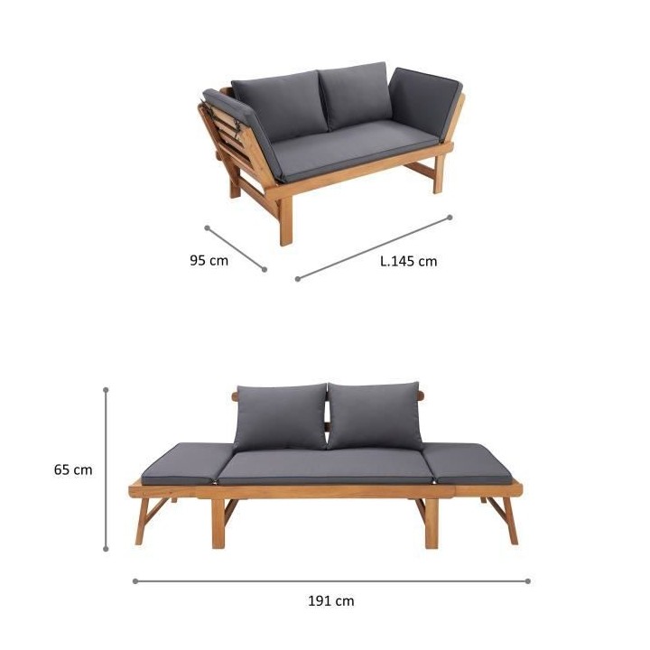 Banquette de jardin convertible en acacia FSC - 2 places - Avec coussi