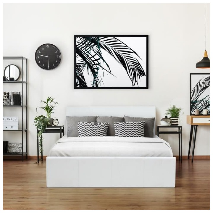 MARTIN Lit adulte 140 x 190 cm + coffre de rangement - Simili blanc -