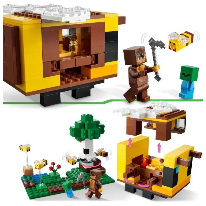 LEGO Minecraft 21241 La Cabane Abeille, Jouet, Ferme avec Maison, Zomb