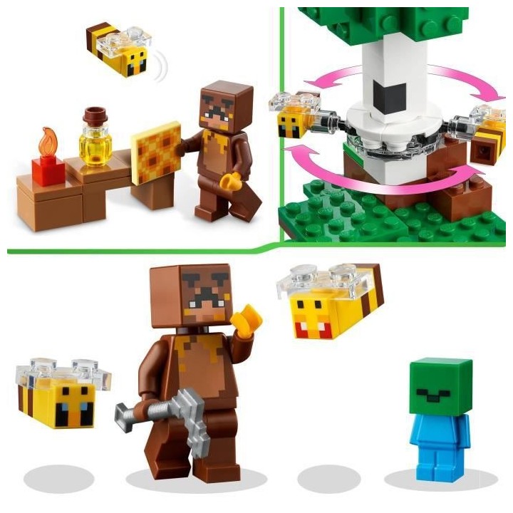 LEGO Minecraft 21241 La Cabane Abeille, Jouet, Ferme avec Maison, Zomb