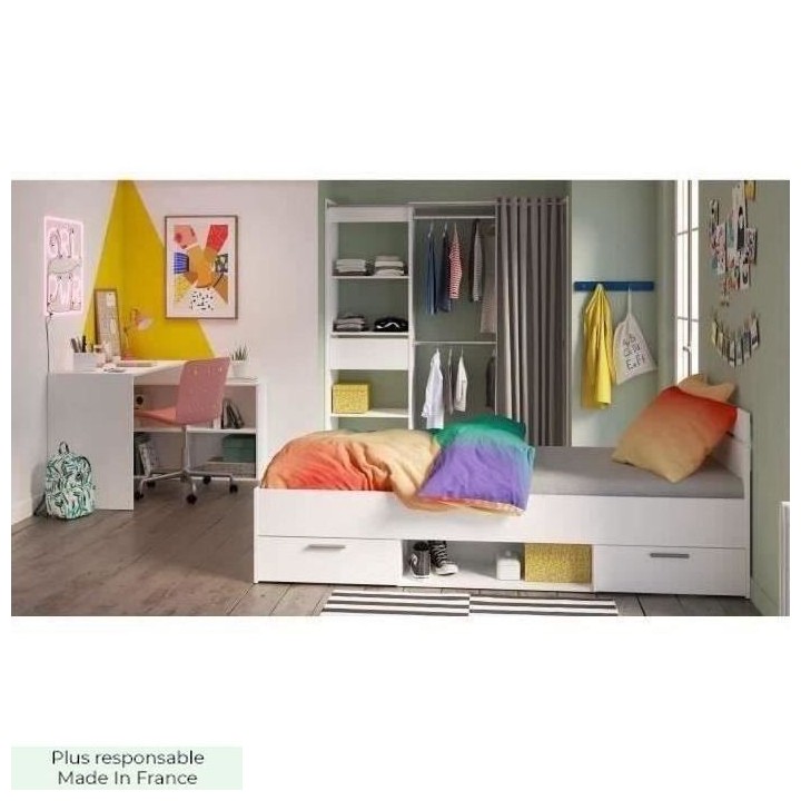 Chambre complete enfant Lila - Lit + bureau + dressing - Blanc - DEMEY