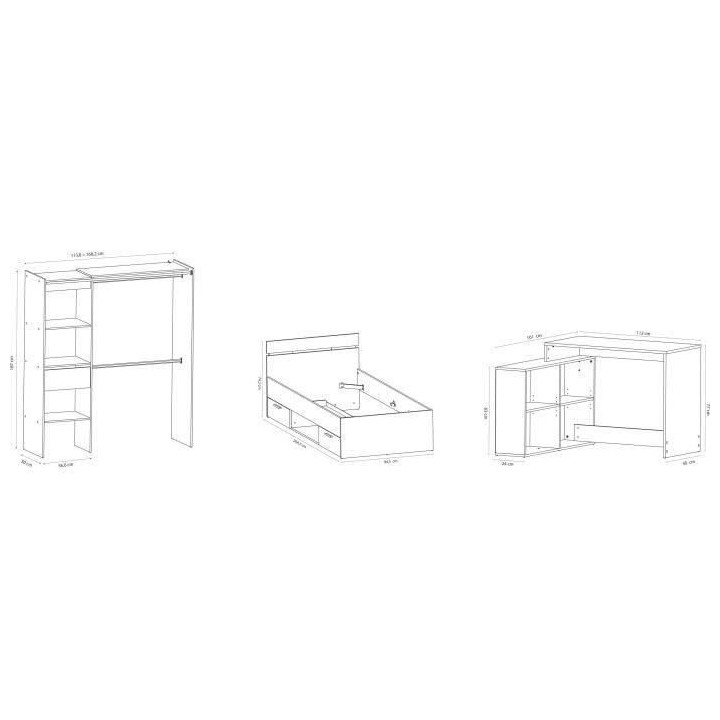 Chambre complete enfant Lila - Lit + bureau + dressing - Blanc - DEMEY