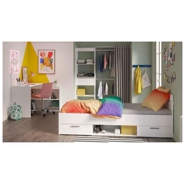 Chambre complete enfant Lila - Lit + bureau + dressing - Blanc - DEMEY