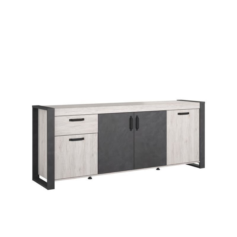 Buffet enfilade CESAR - Décor Portofino gris et Steam noir - 1 Tiroir et 4 Portes - L 217,8 x P 49,8 x H 86,7 cm - PARISOT