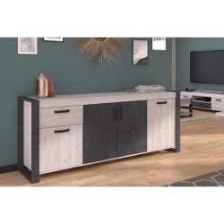 Buffet enfilade CESAR - Décor Portofino gris et Steam noir - 1 Tiroir et 4 Portes - L 217,8 x P 49,8 x H 86,7 cm - PARISOT