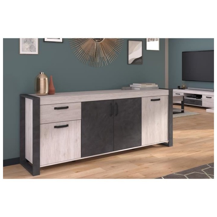 Buffet enfilade CESAR - Décor Portofino gris et Steam noir - 1 Tiroir