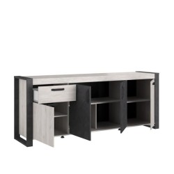 Buffet enfilade CESAR - Décor Portofino gris et Steam noir - 1 Tiroir et 4 Portes - L 217,8 x P 49,8 x H 86,7 cm - PARISOT