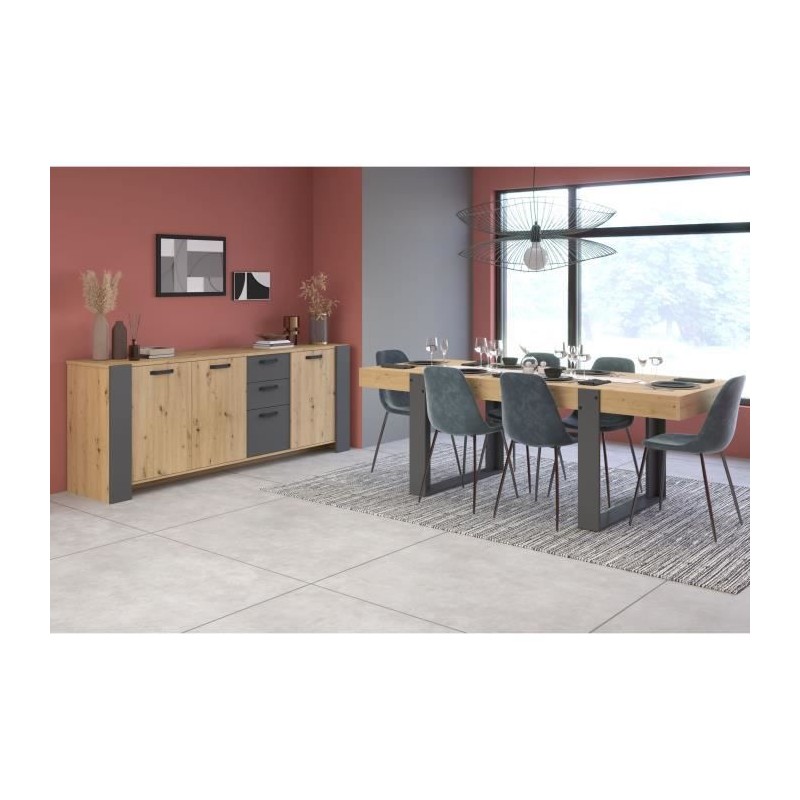 Ensemble enfilade + table LOFT - Mélaminé décor chene artisan et gris - Table rectangulaire 8 personnes-Enfilade 3 portes - P