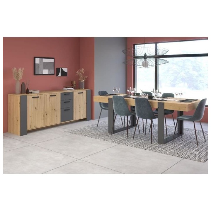 Ensemble enfilade + table LOFT - Mélaminé décor chene artisan et gr