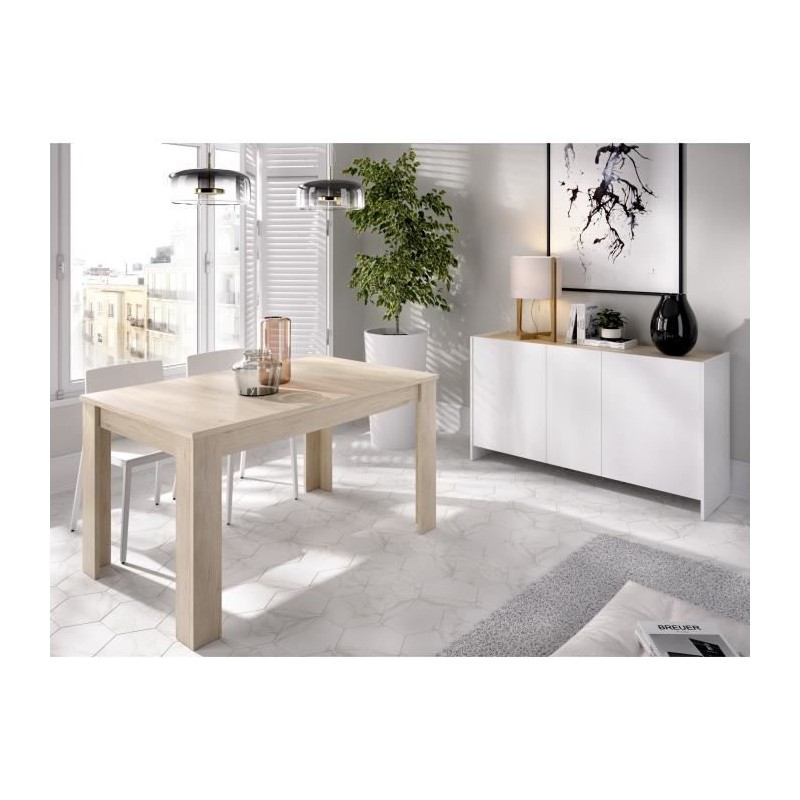 Ensemble salon KLoe : Buffet + table extensible - Décor chene clair et blanc mat