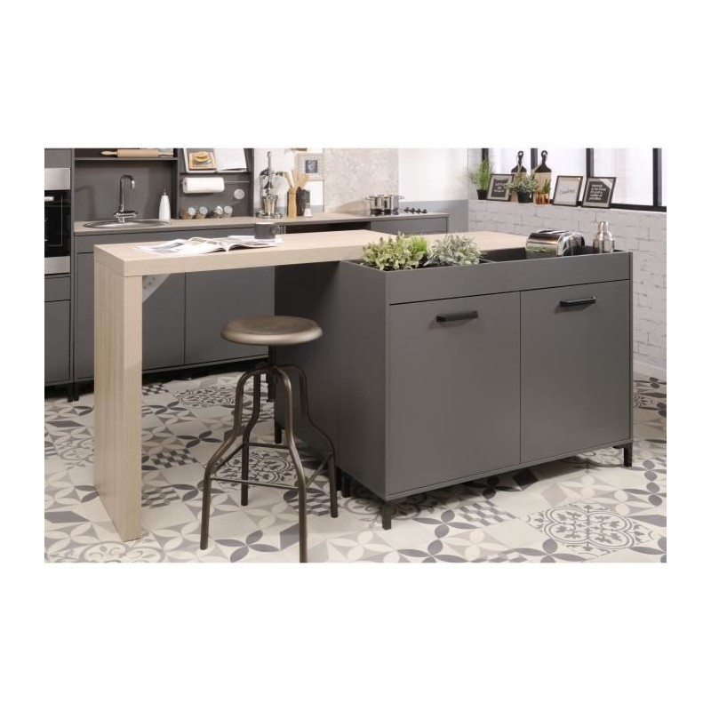 STORM Cuisine complete Compo 236 ILOT - Coloris gris ombre - L236 x P93 x H133 cm - Table snack