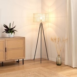 MOI Lampadaire - Métal et rotin - H150 cm - Abat-jour : 50x50x28,8 cm - Noir et beige naturel