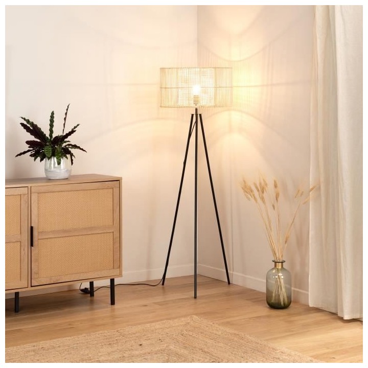MOI Lampadaire - Métal et rotin - H150 cm - Abat-jour : 50x50x28,8 cm