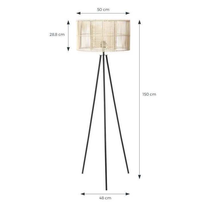 MOI Lampadaire - Métal et rotin - H150 cm - Abat-jour : 50x50x28,8 cm